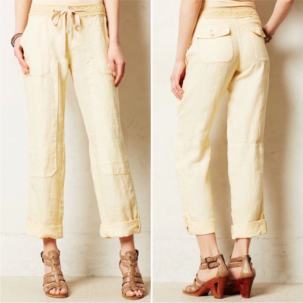 Anthropologie Hei Hei Cargo Linen Straight Leg Pants Sz 29 Lace Crochet Waist